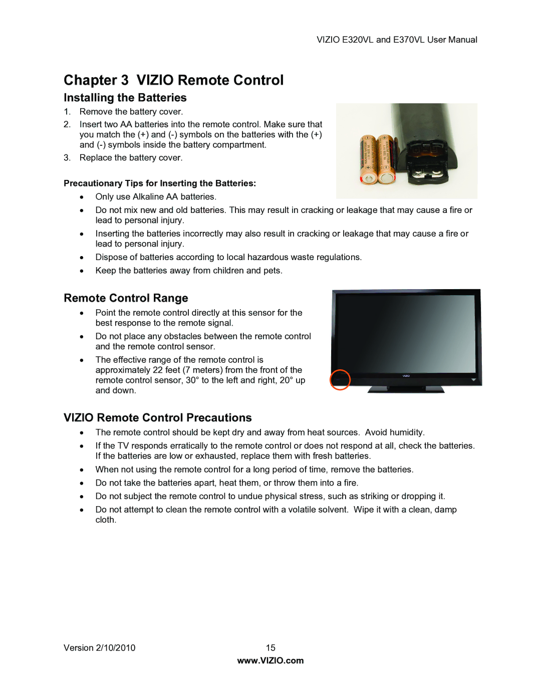 Vizio E320VL, E370VL user manual Installing the Batteries, Remote Control Range, Vizio Remote Control Precautions 