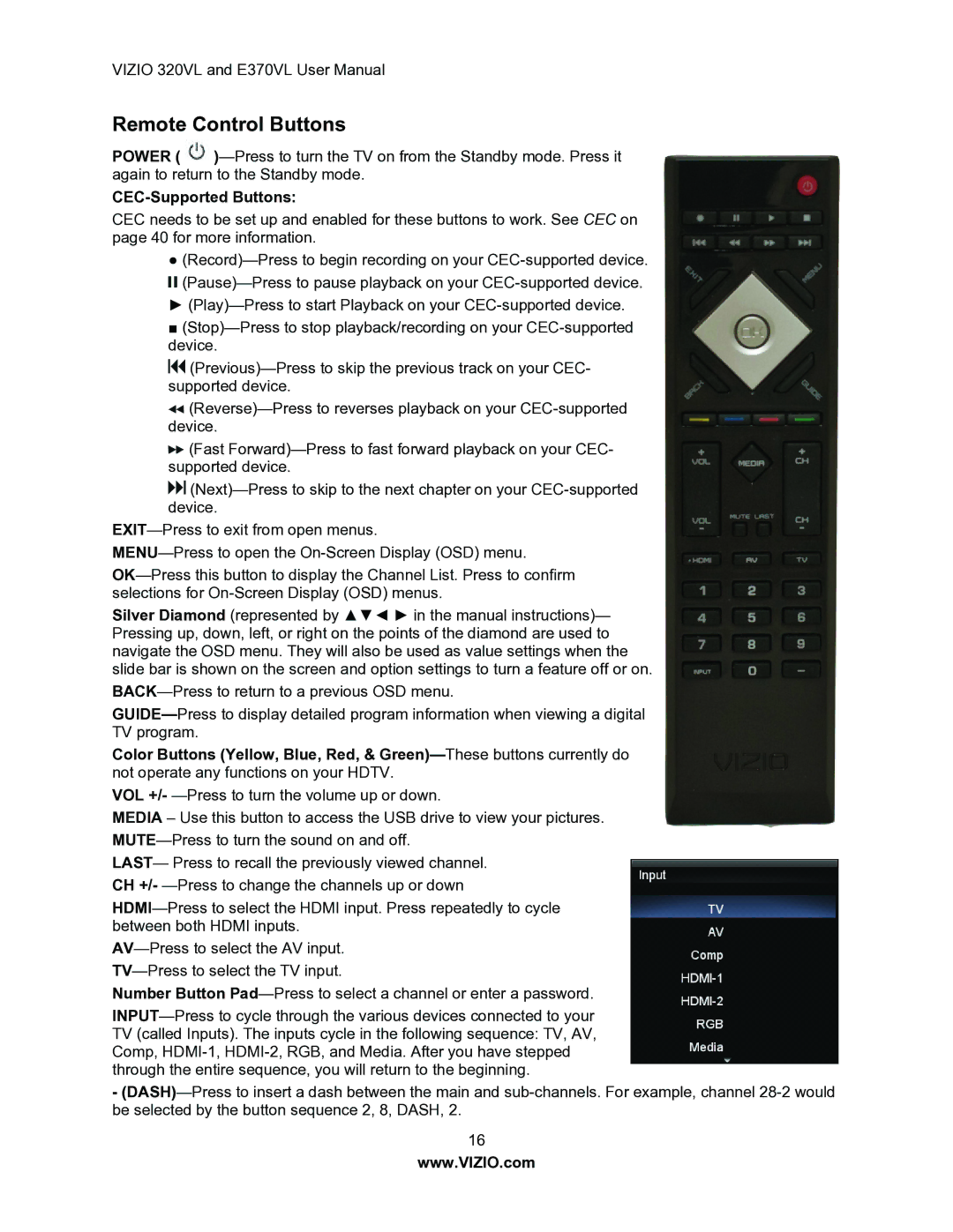 Vizio E370VL, E320VL user manual Remote Control Buttons, CEC-Supported Buttons 