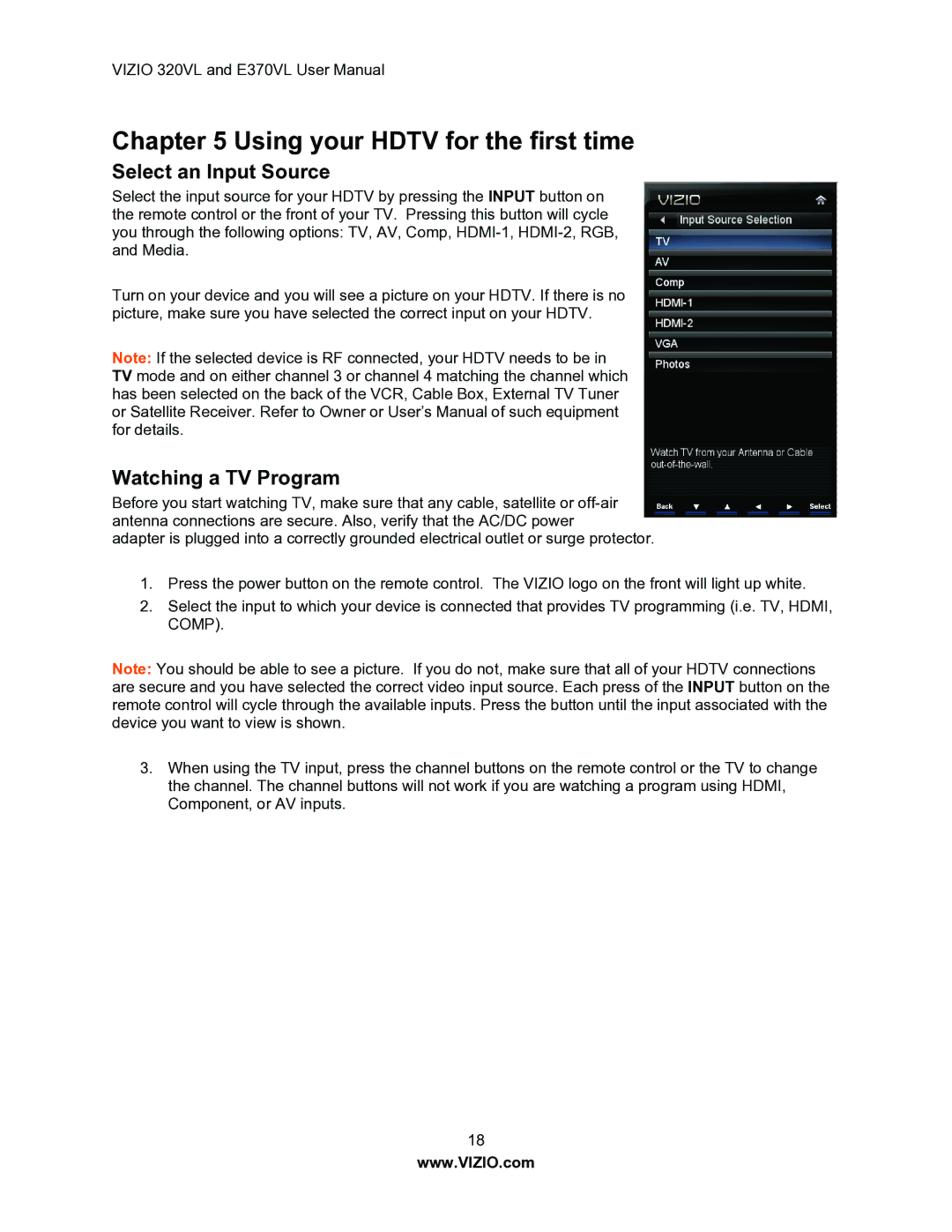 Vizio E370VL, E320VL user manual Select an Input Source, Watching a TV Program 