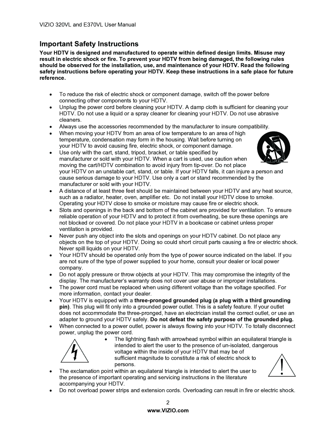 Vizio E370VL, E320VL user manual Important Safety Instructions 