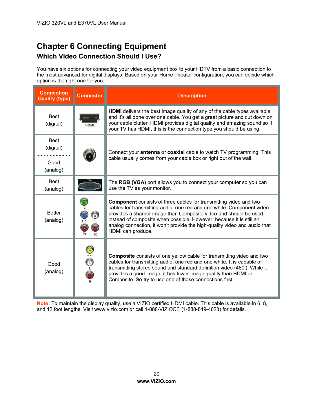 Vizio E370VL, E320VL user manual Connecting Equipment, Which Video Connection Should I Use? 