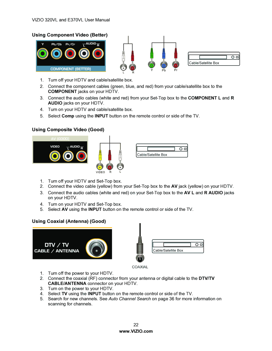 Vizio E370VL, E320VL user manual Using Component Video Better, Using Composite Video Good, Using Coaxial Antenna Good 