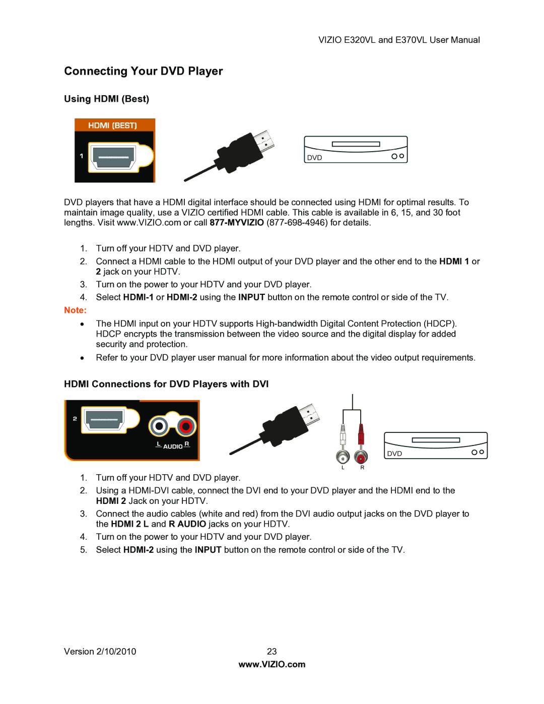 Vizio E320VL, E370VL user manual Connecting Your DVD Player, Hdmi Connections for DVD Players with DVI 