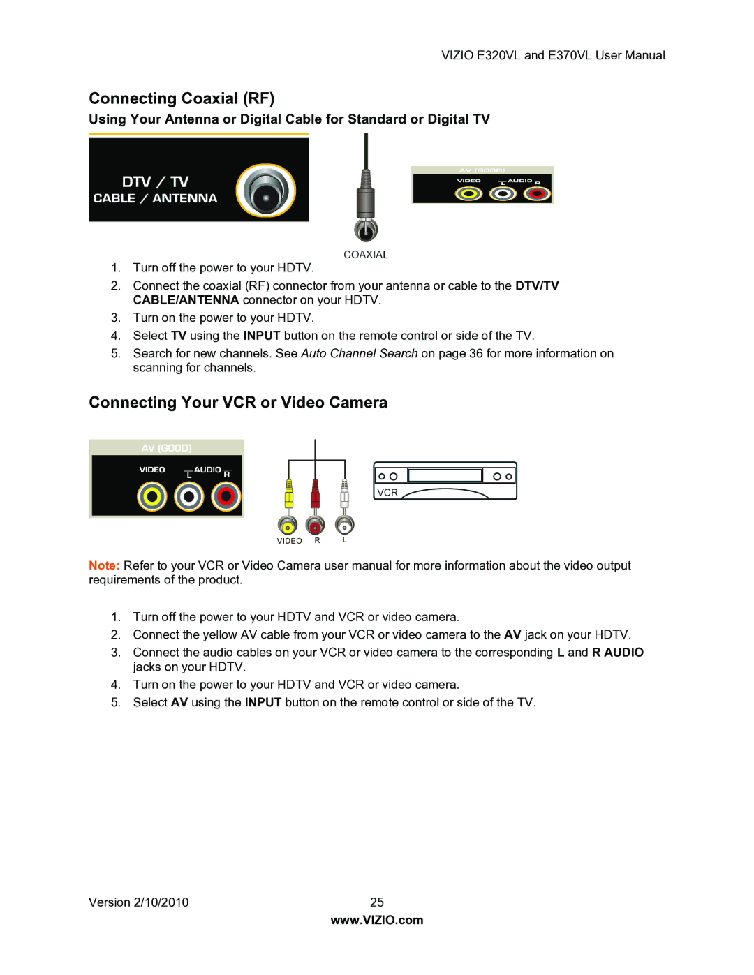 Vizio E320VL, E370VL user manual Connecting Coaxial RF, Connecting Your VCR or Video Camera 