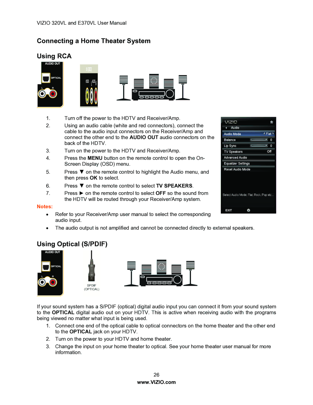 Vizio E370VL, E320VL user manual Connecting a Home Theater System Using RCA, Using Optical S/PDIF 