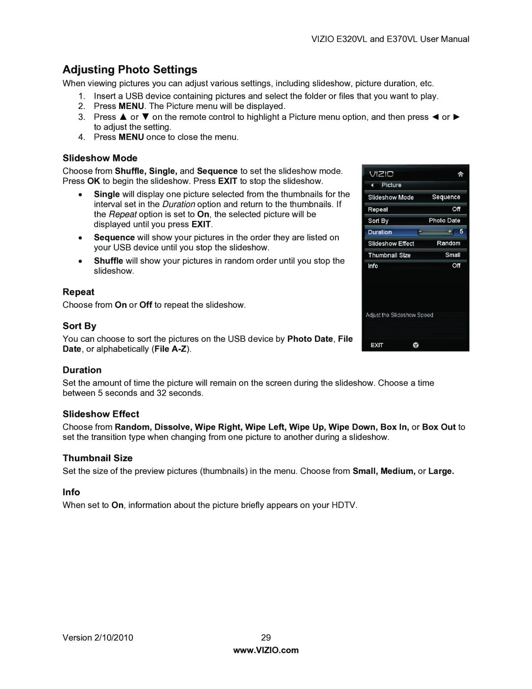 Vizio E320VL, E370VL user manual Adjusting Photo Settings 