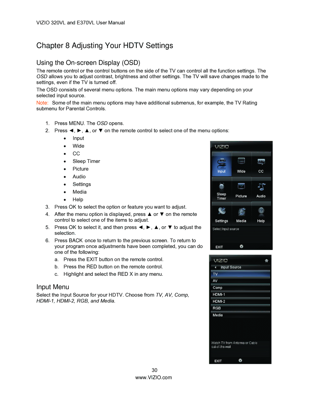 Vizio E370VL, E320VL user manual Using the On-screen Display OSD, Input Menu 