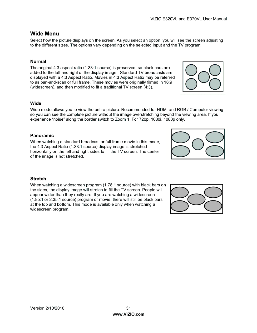 Vizio E320VL, E370VL user manual Wide Menu, Normal, Panoramic, Stretch 