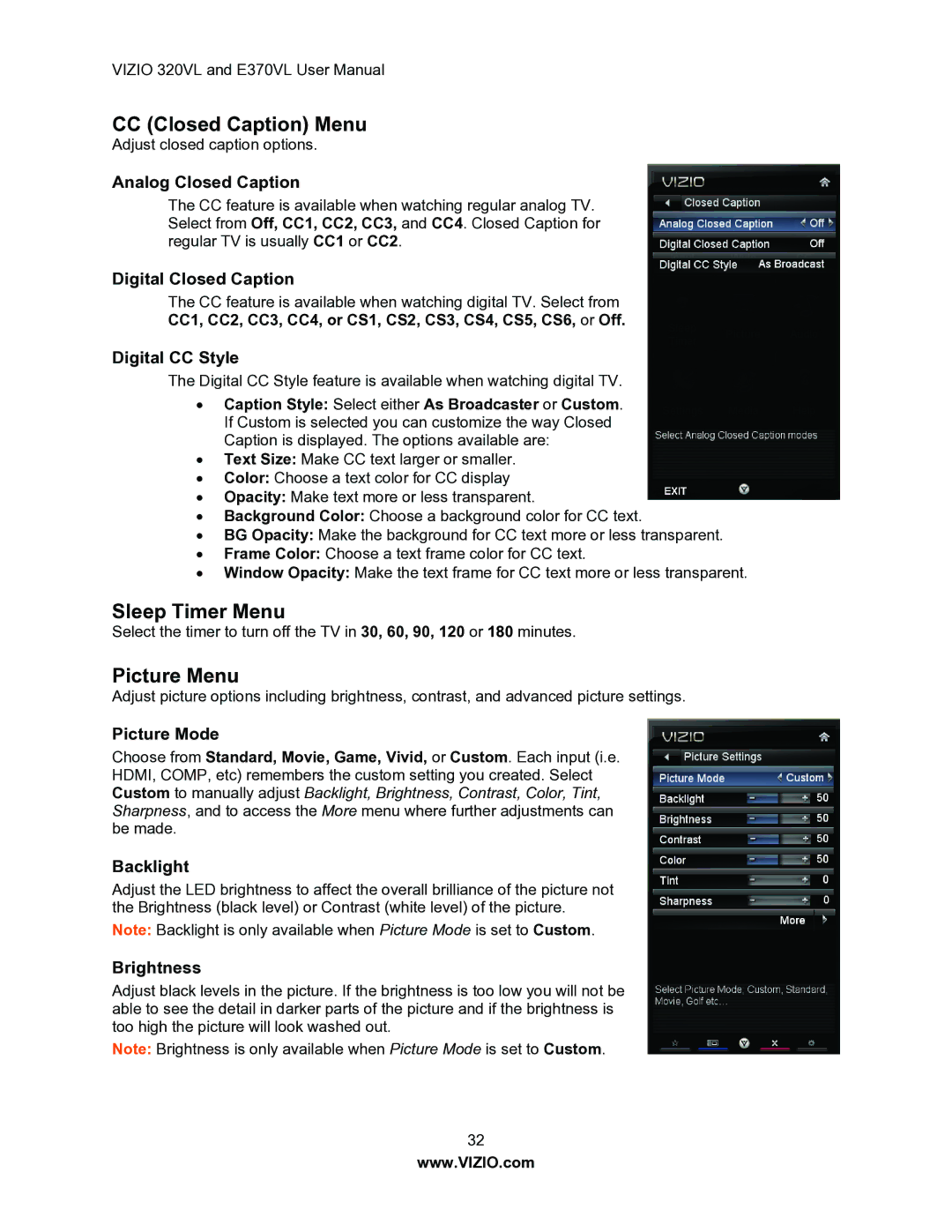 Vizio E370VL, E320VL user manual CC Closed Caption Menu, Sleep Timer Menu, Picture Menu 