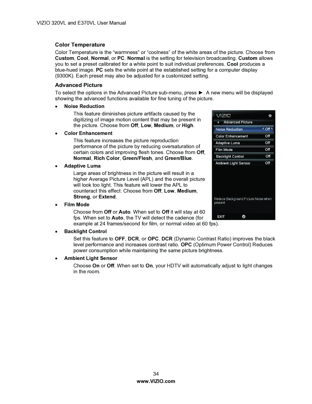 Vizio E370VL, E320VL user manual Color Temperature, Advanced Picture 