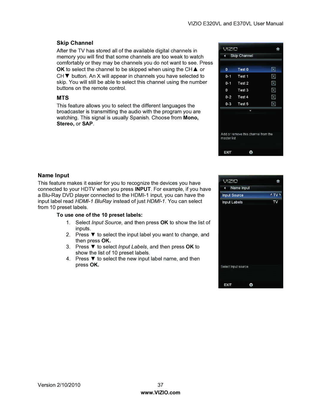 Vizio E320VL, E370VL user manual Skip Channel, Name Input, To use one of the 10 preset labels 