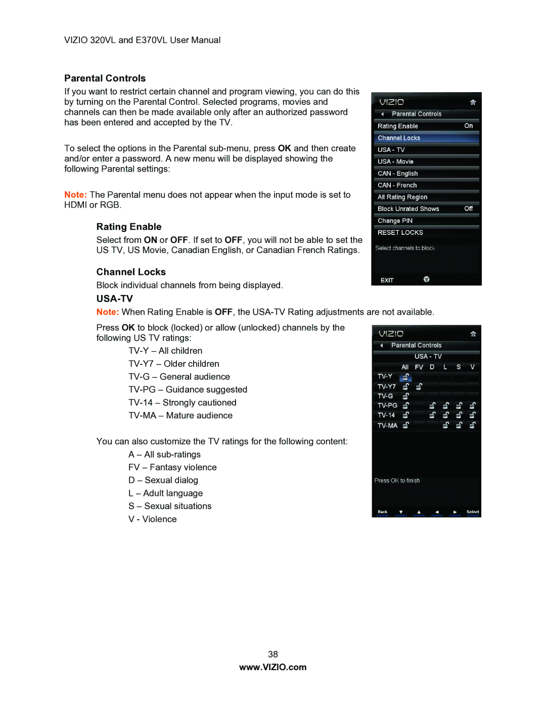 Vizio E370VL, E320VL user manual Parental Controls, Rating Enable, Channel Locks 