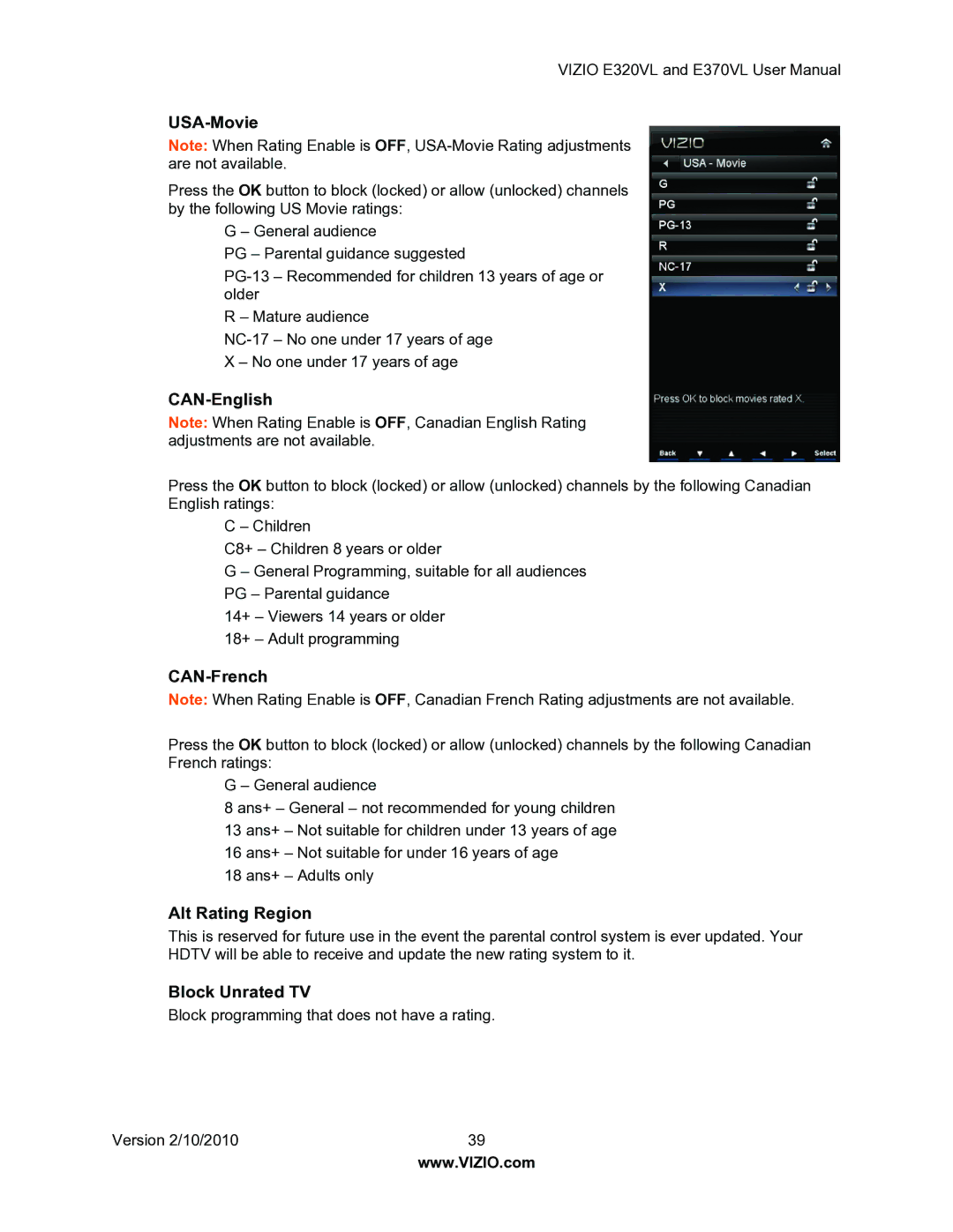 Vizio E320VL, E370VL user manual USA-Movie, CAN-English, CAN-French, Alt Rating Region, Block Unrated TV 