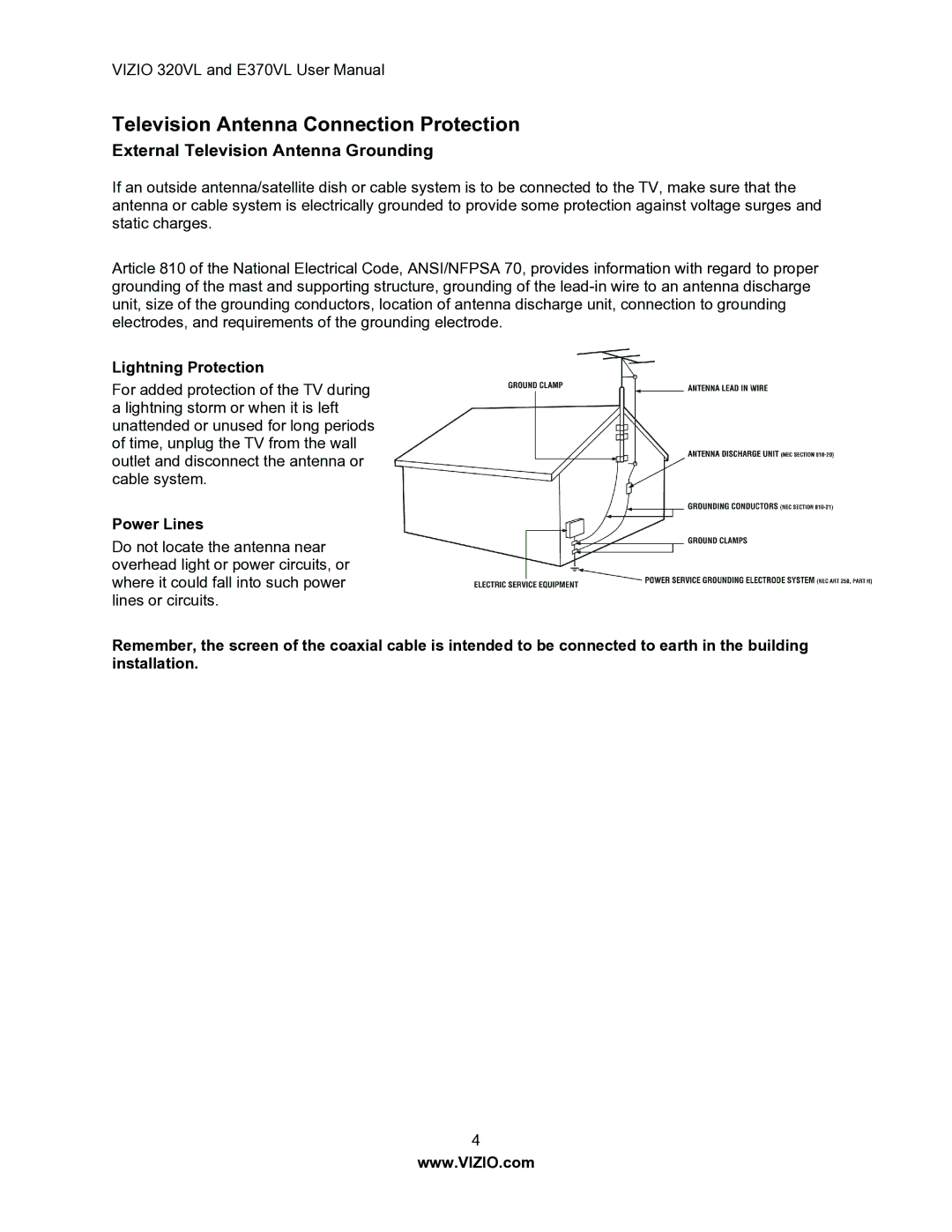 Vizio E370VL, E320VL Television Antenna Connection Protection, External Television Antenna Grounding, Lightning Protection 