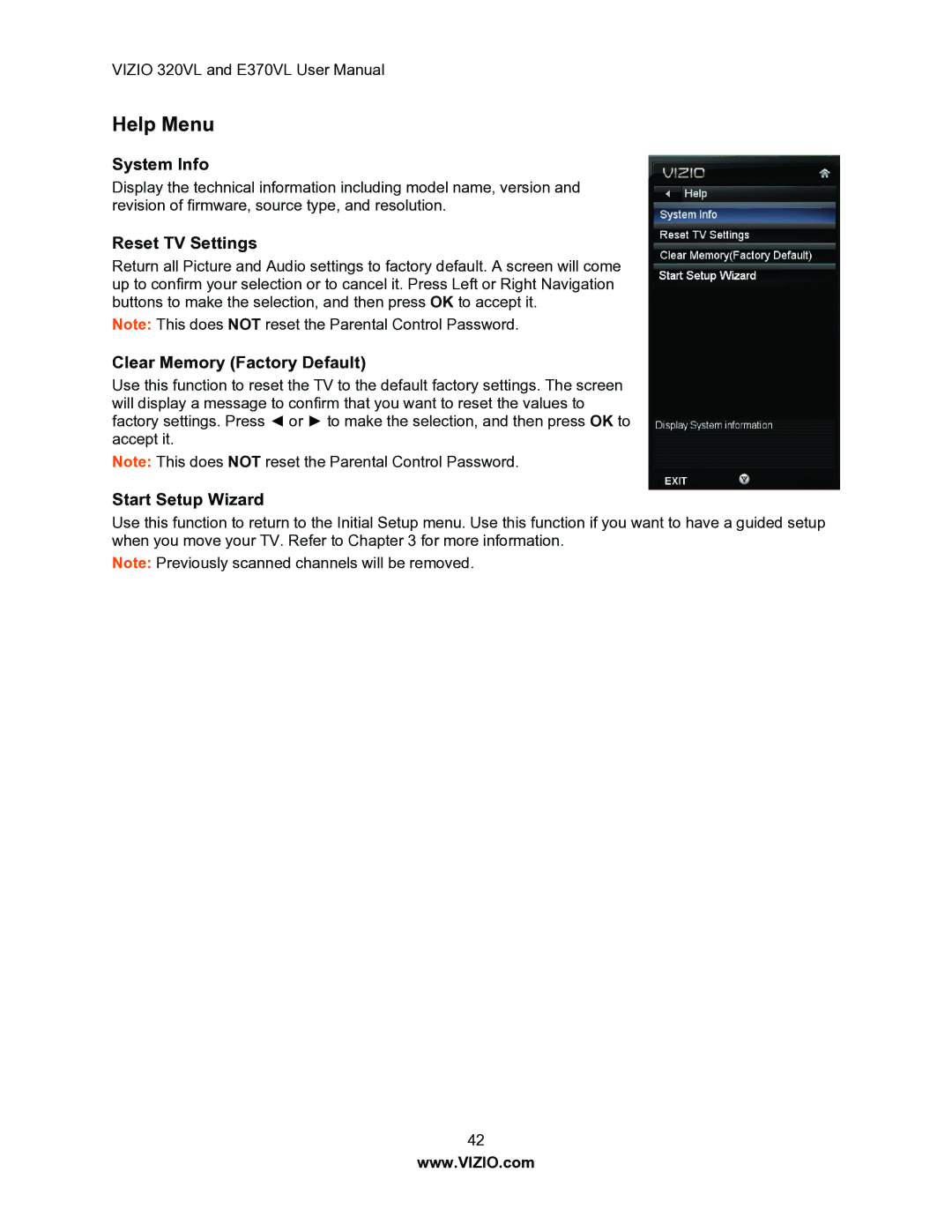 Vizio E370VL, E320VL user manual Help Menu, System Info, Reset TV Settings, Clear Memory Factory Default, Start Setup Wizard 