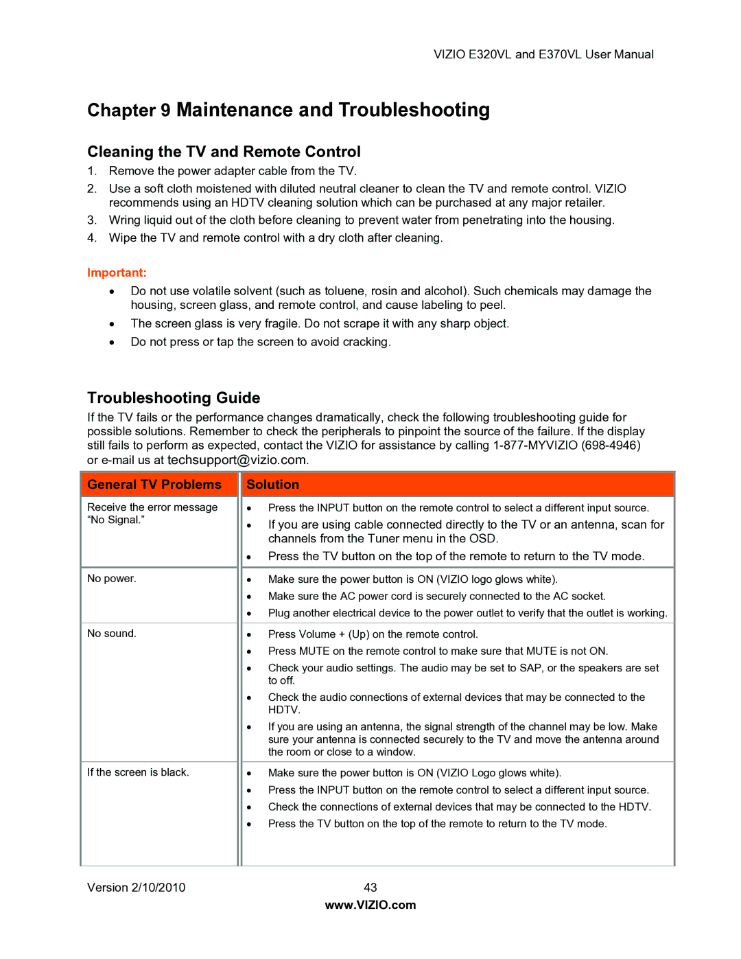 Vizio E320VL, E370VL user manual Cleaning the TV and Remote Control, Troubleshooting Guide, General TV Problems, Solution 