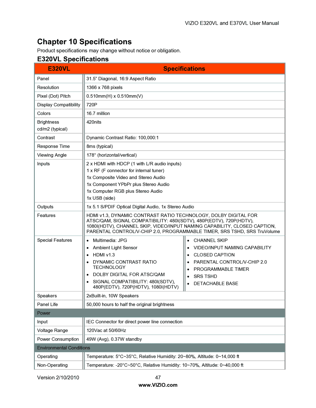 Vizio E370VL user manual E320VL Specifications 