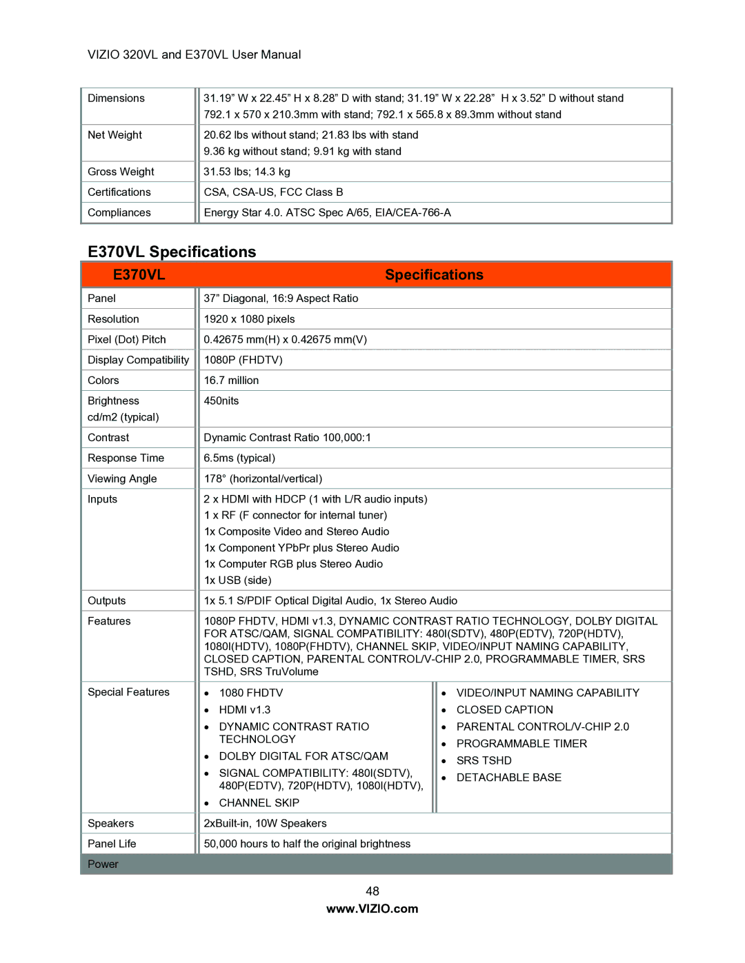 Vizio E320VL user manual E370VL Specifications 