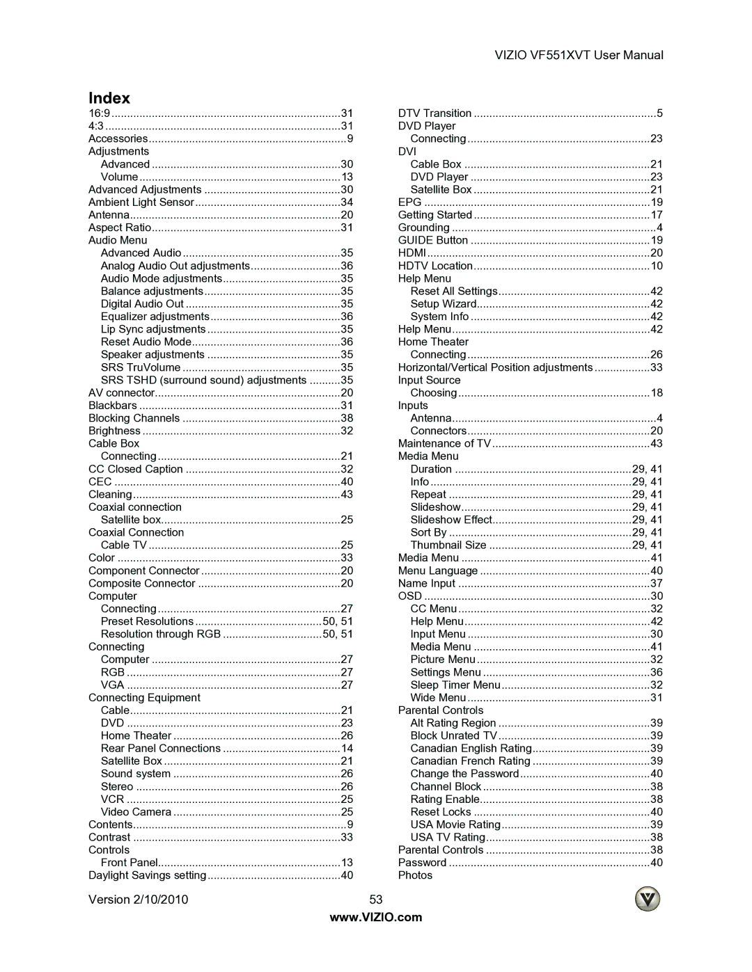 Vizio E320VL, E370VL user manual Index, Cec 