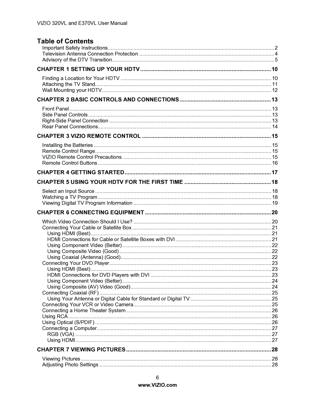 Vizio E370VL, E320VL user manual Table of Contents 