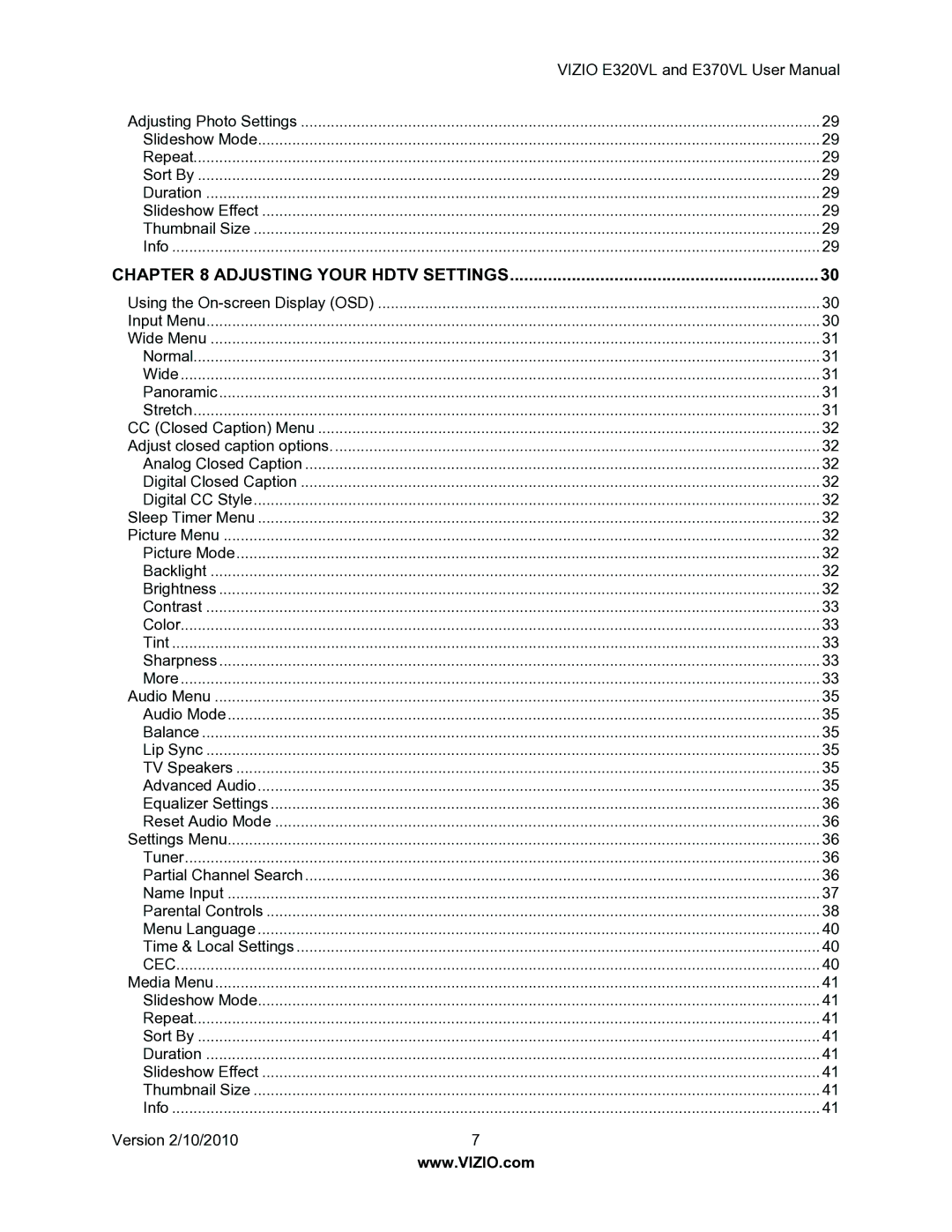 Vizio E320VL, E370VL user manual Adjusting Your Hdtv Settings 