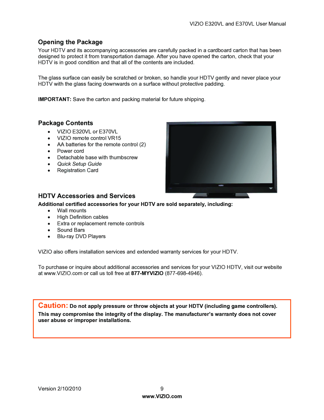 Vizio E320VL, E370VL user manual Opening the Package 