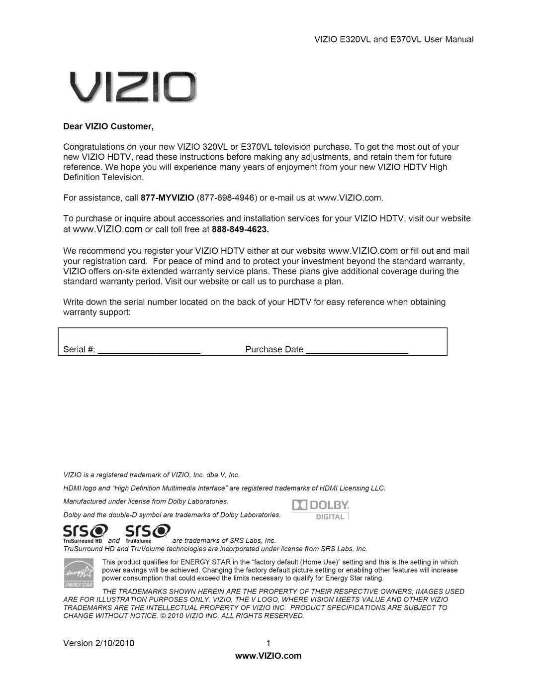 Vizio E320VL, E370VL user manual Version 2/10/2010 