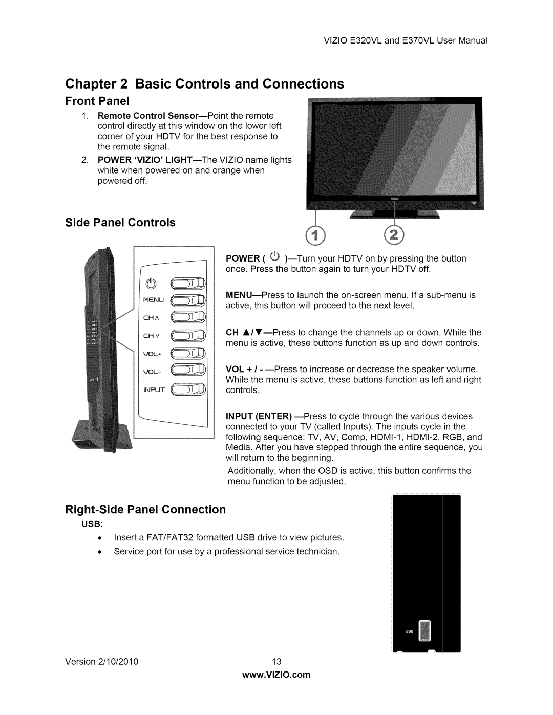 Vizio E320VL, E370VL user manual Front Panel, Side Panel Controls, Right-Side Panel Connection, Usb 