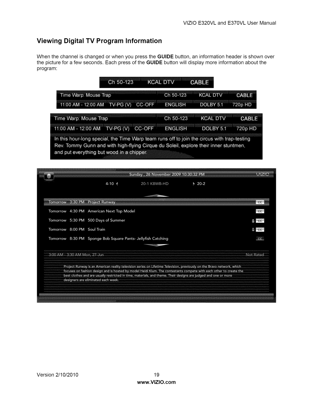 Vizio E320VL, E370VL user manual Viewing Digital TV Program Information 