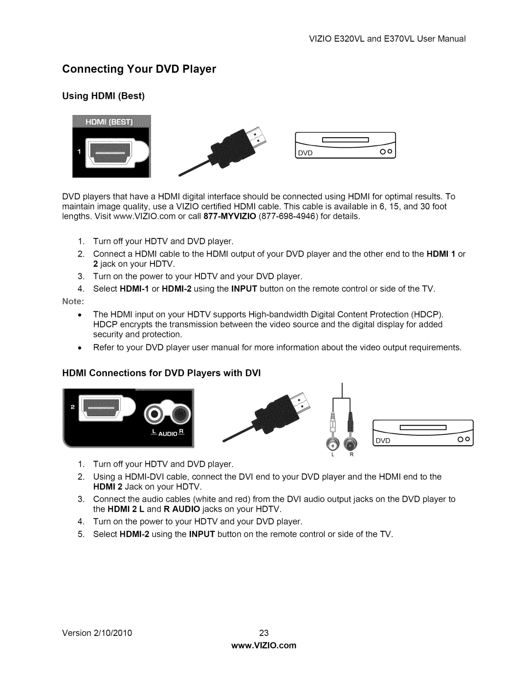 Vizio E320VL, E370VL user manual Connecting Your DVD Player, Hdmi Connections for DVD Players with DVI 