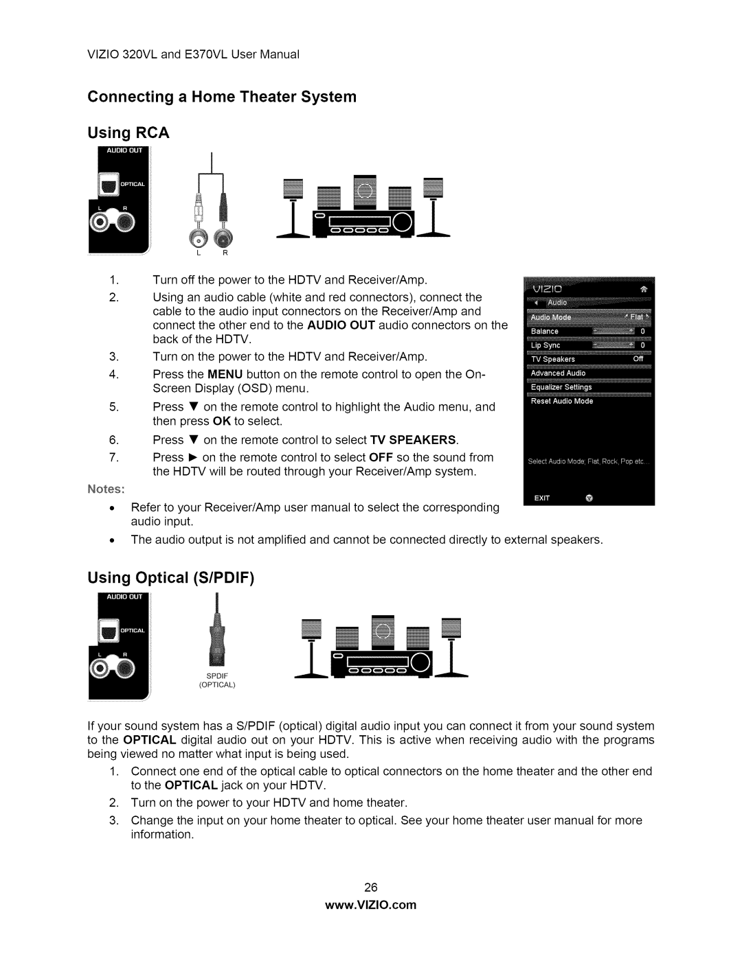 Vizio E370VL, E320VL user manual Connecting a Home Theater System Using RCA, Using Optical S/PDIF 