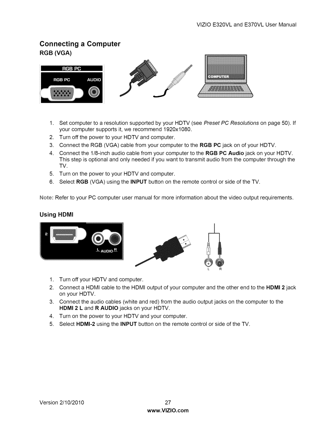 Vizio E320VL, E370VL user manual Connecting a Computer, Rgb Vga, Using Hdmi 