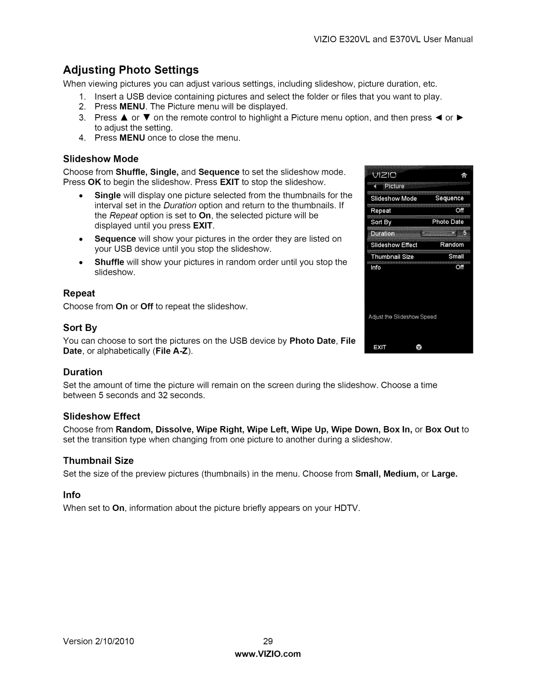 Vizio E320VL, E370VL user manual Adjusting Photo Settings 