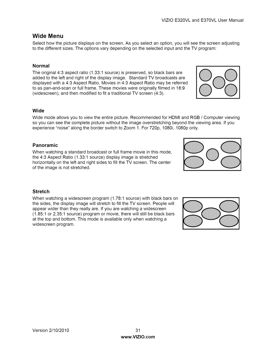 Vizio E320VL, E370VL user manual Wide Menu, Normal, Panoramic, Stretch 