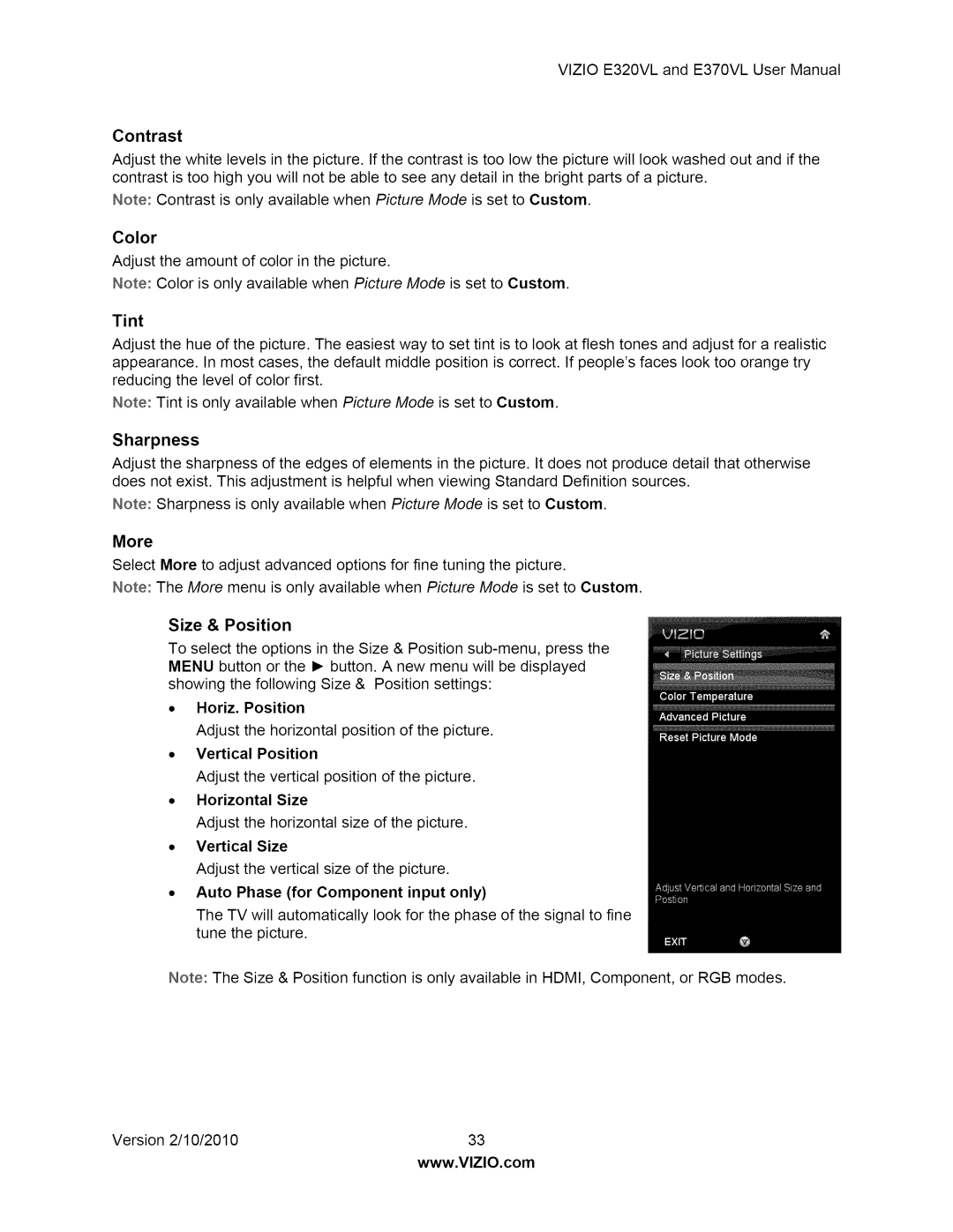 Vizio E320VL, E370VL user manual Tint, Sharpness, Size & Position, Horiz. Position, Vertical Position, Horizontal Size 