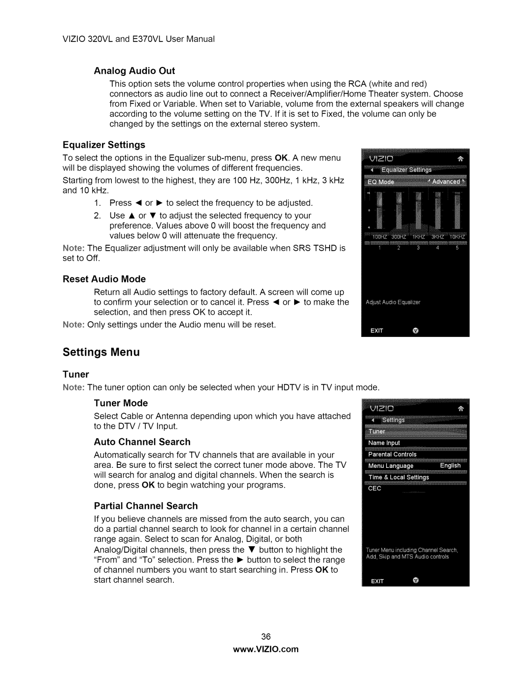 Vizio E370VL, E320VL user manual Settings Menu 