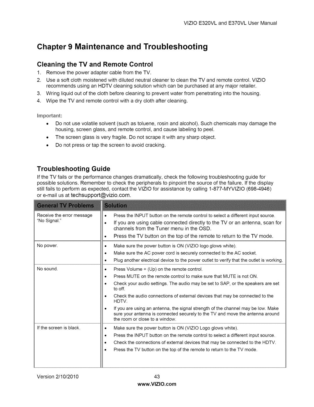 Vizio E320VL, E370VL user manual Cleaning the TV and Remote Control, Troubleshooting Guide 