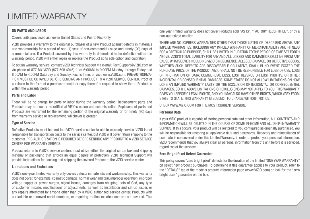 Vizio E370VLE manual Limited Warranty, On Parts and Labor 