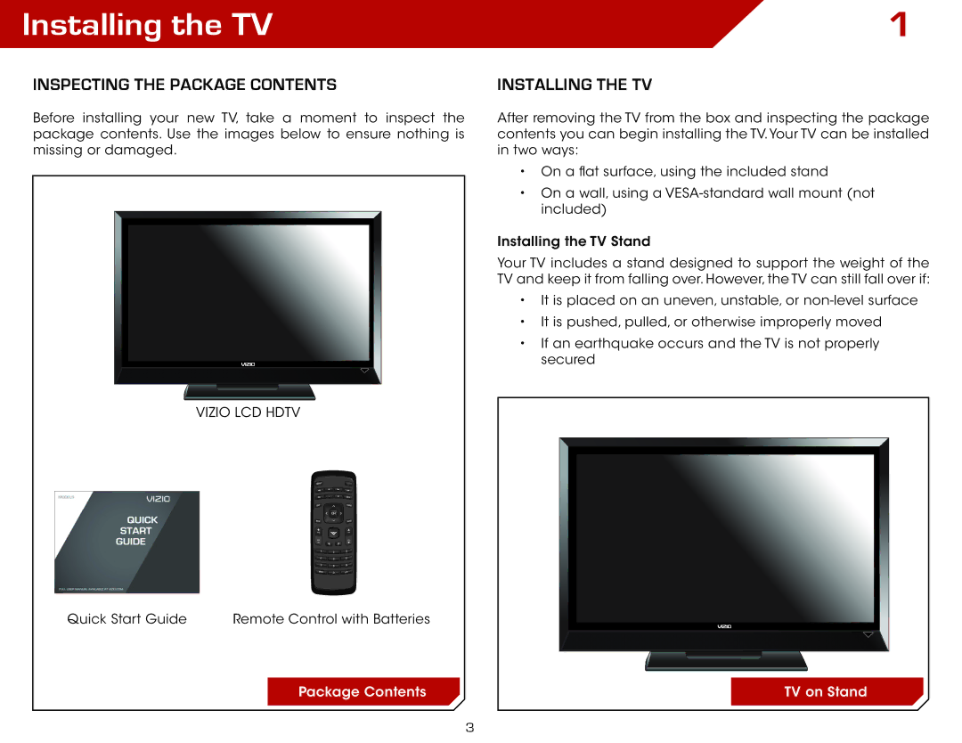 Vizio E370VLE warranty Installing the TV, Inspecting the Package Contents 