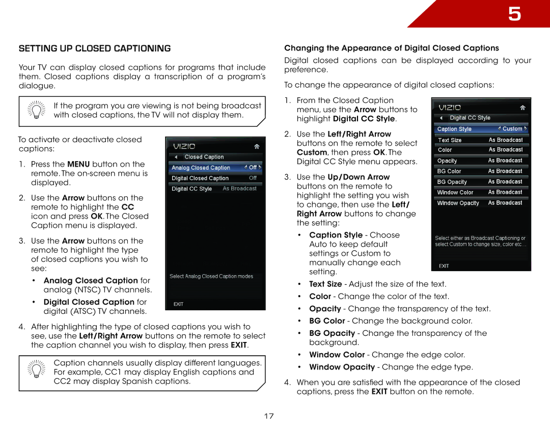 Vizio E370VLE warranty Setting Up Closed Captioning 