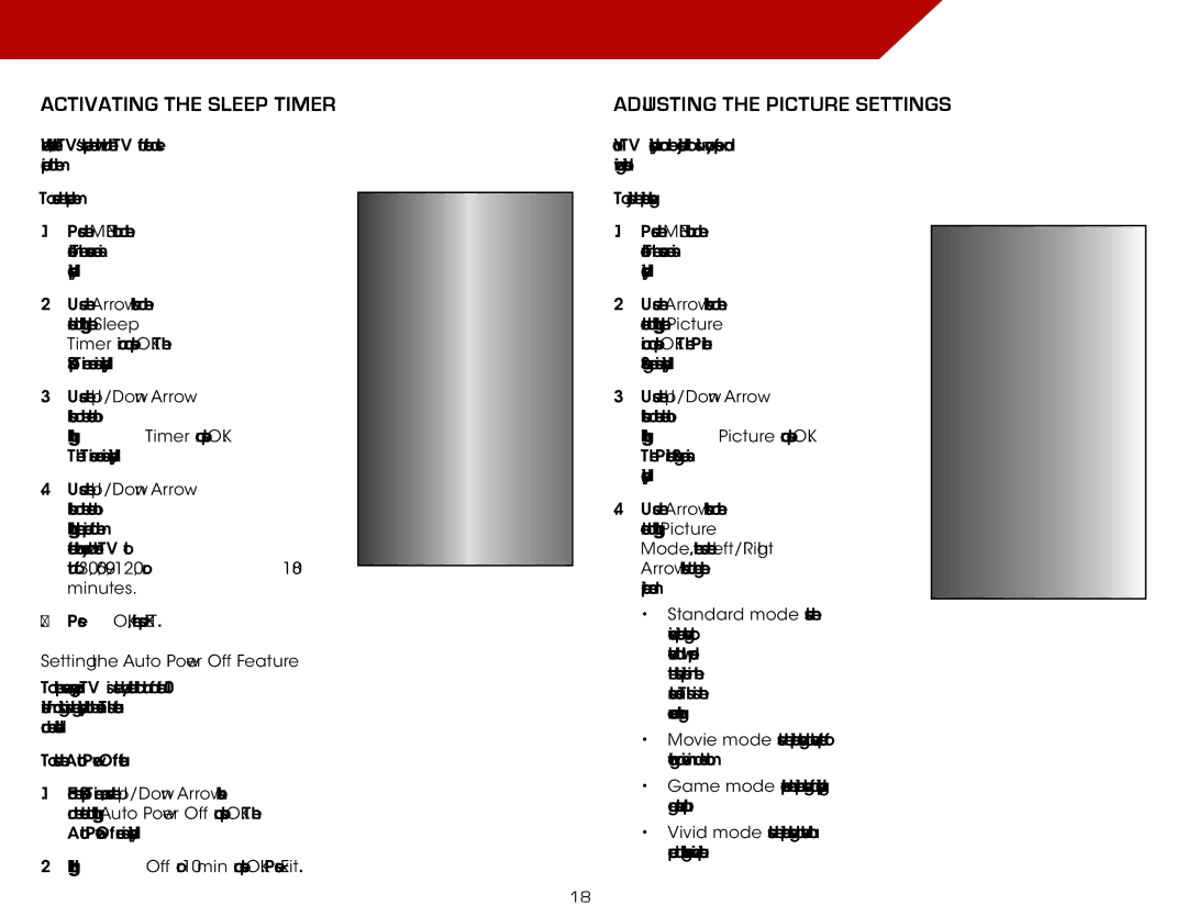 Vizio E370VLE warranty Activating the Sleep Timer, Adjusting the Picture Settings 