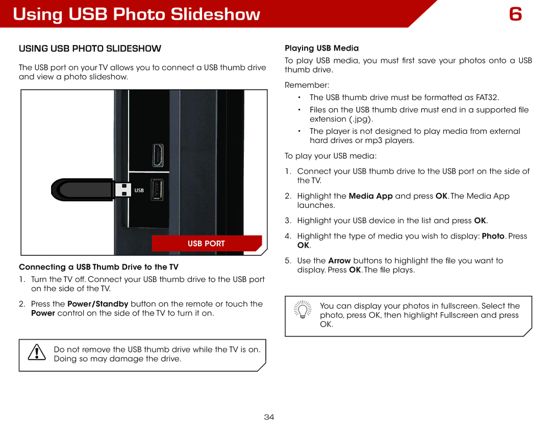 Vizio E370VLE warranty Using USB Photo Slideshow, Using USB photo slideshow 