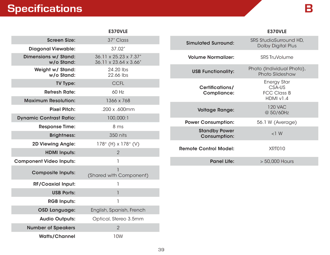 Vizio E370VLE warranty Specifications 