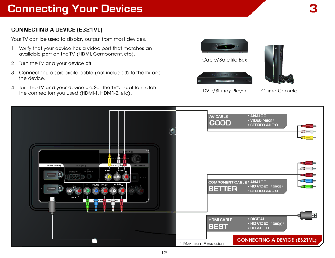 Vizio E371VL warranty Connecting Your Devices, Connecting a Device E321VL 