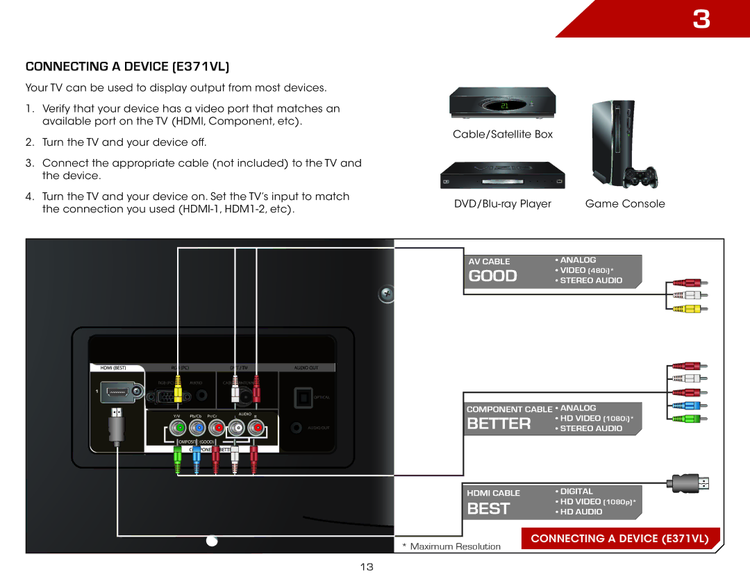 Vizio E321VL warranty Connecting a Device E371VL 