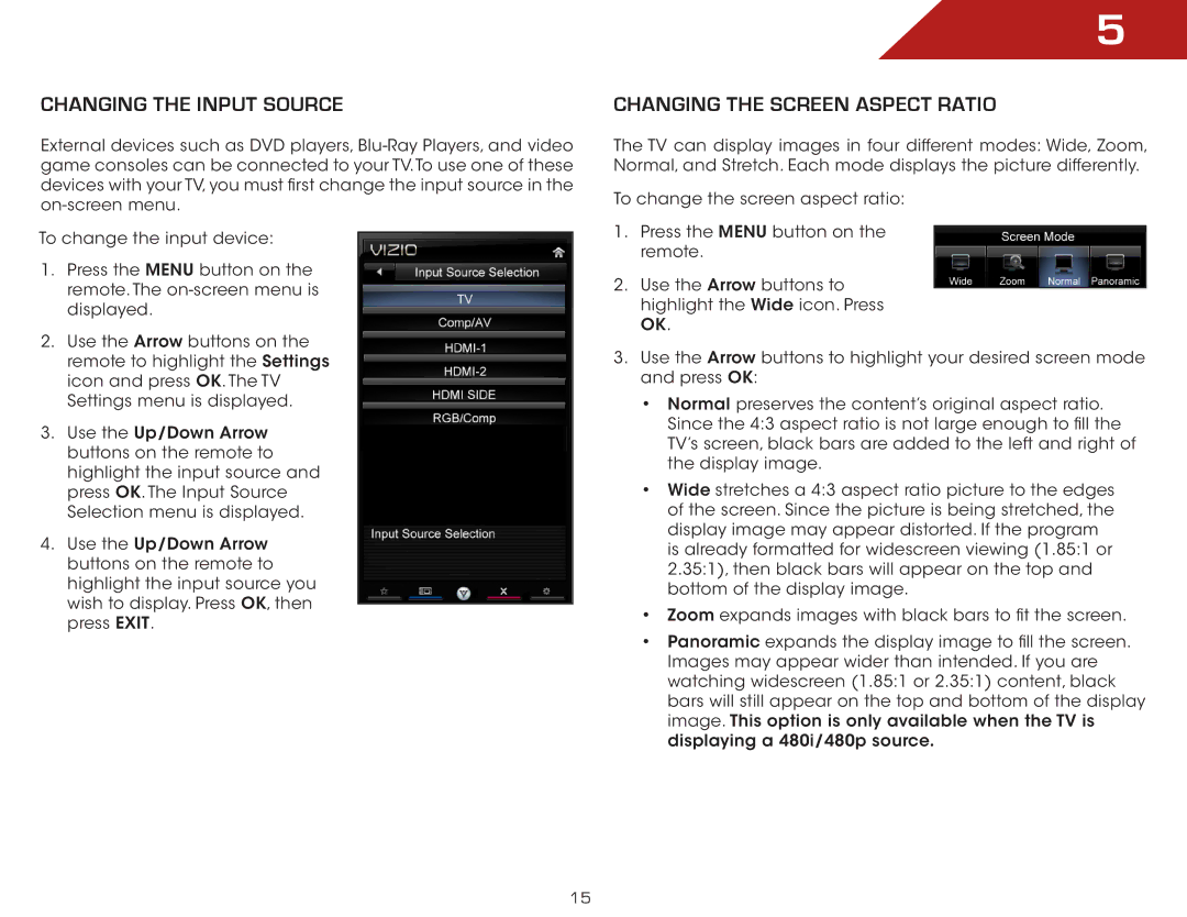 Vizio E321VL, E371VL warranty Changing the Input Source, Changing the Screen Aspect Ratio 