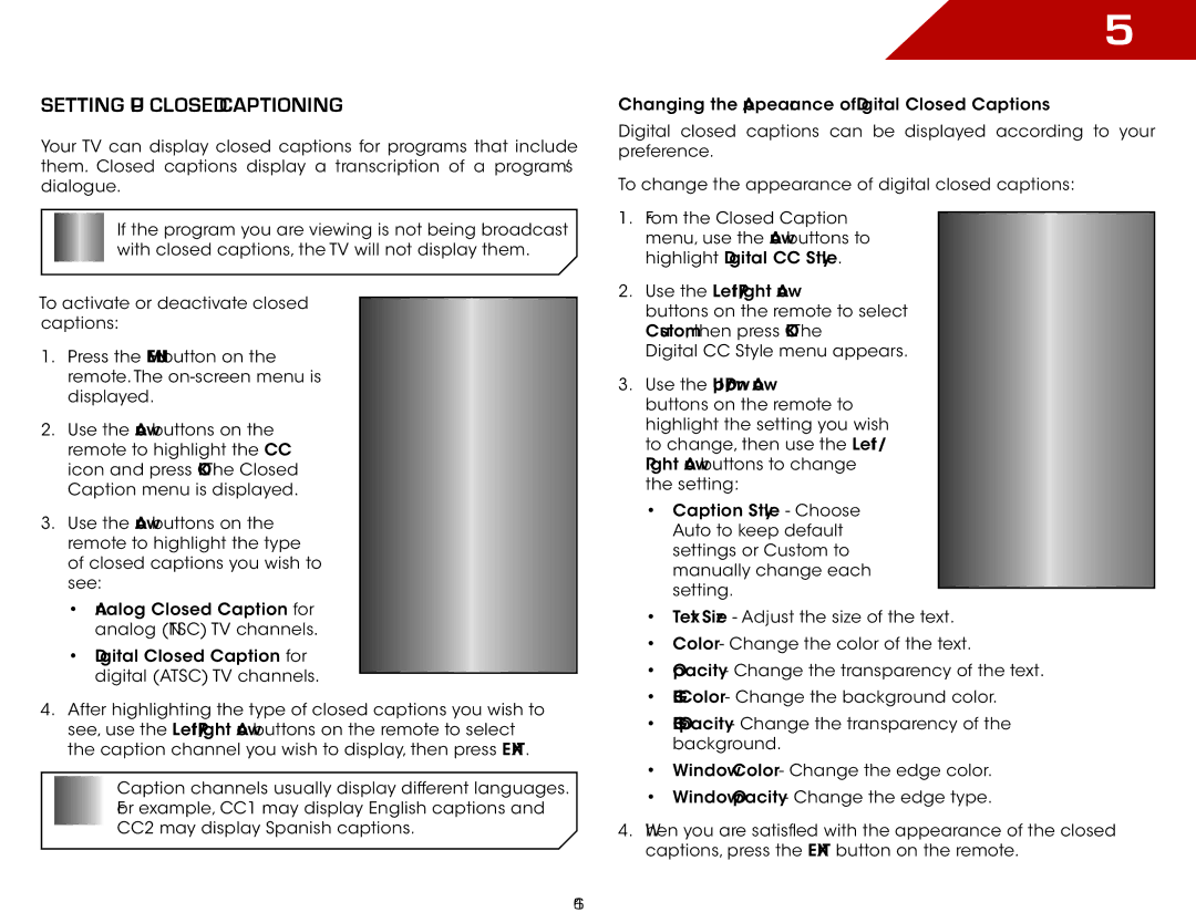 Vizio E371VL, E321VL warranty Setting Up Closed Captioning 