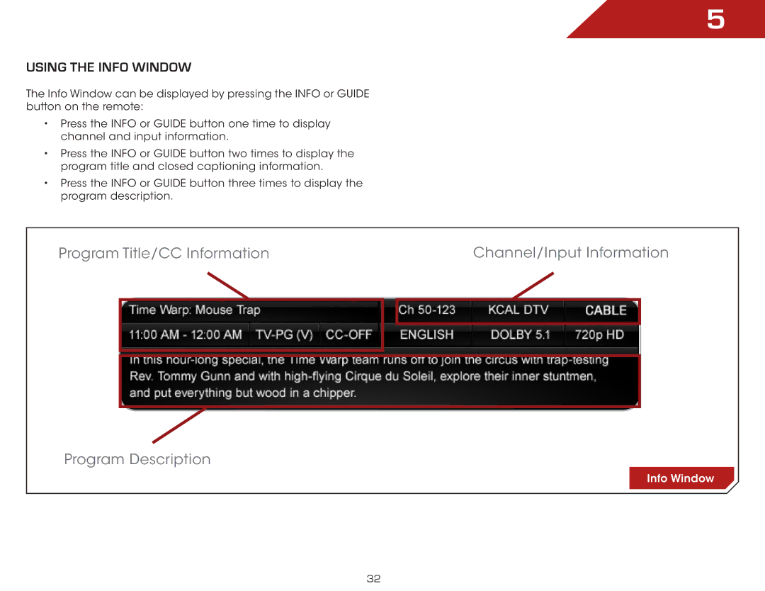 Vizio E371VL, E321VL warranty Using the Info Window 