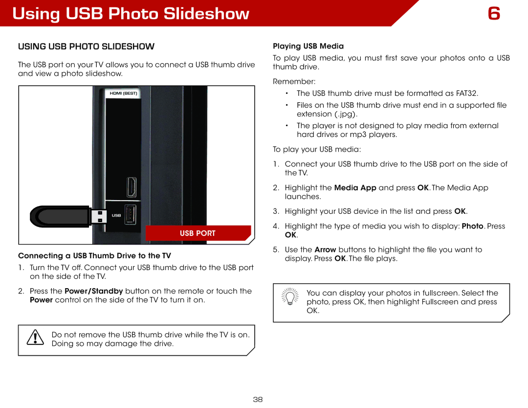 Vizio E321VL, E371VL warranty Using USB Photo Slideshow, Using USB photo slideshow 