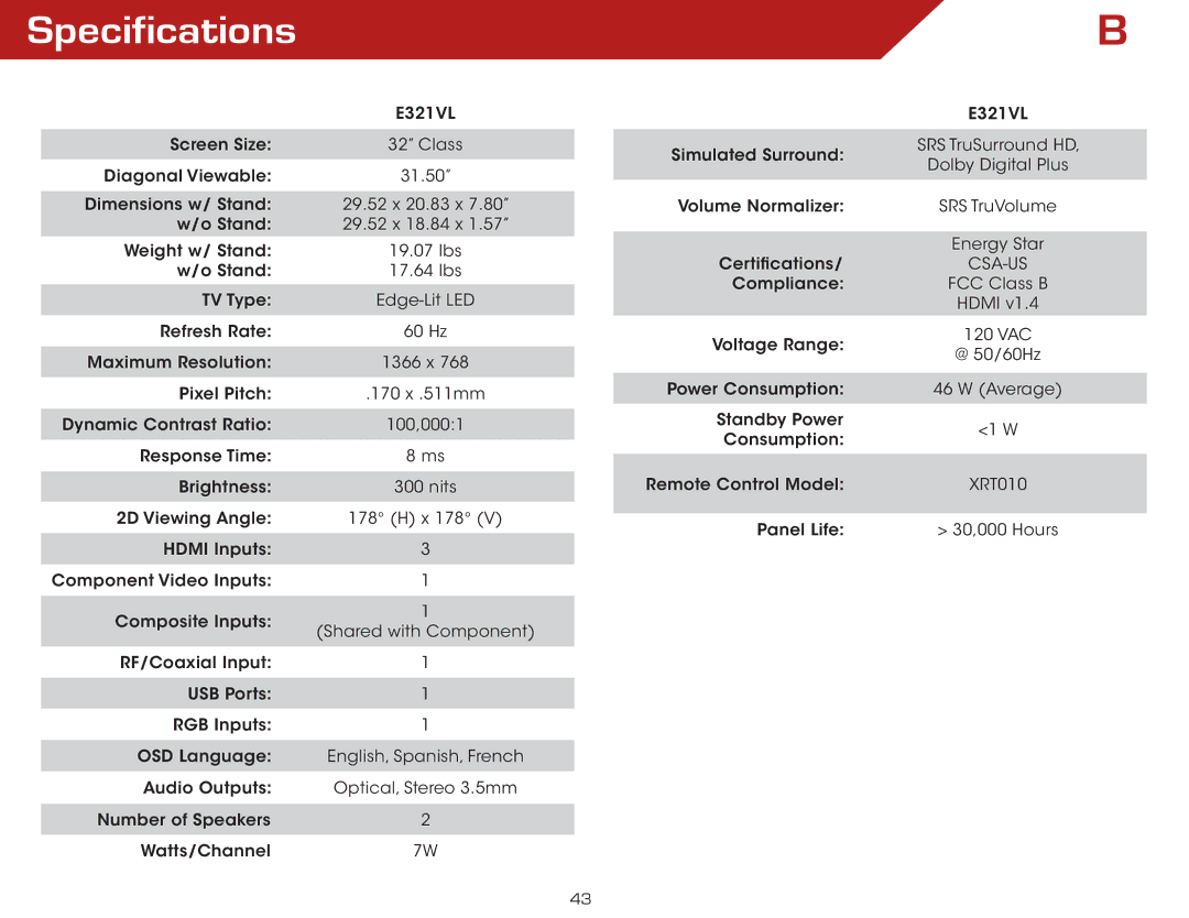 Vizio E371VL, E321VL warranty Specifications 